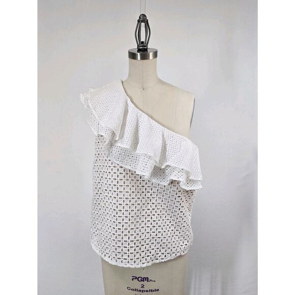 J Crew One Shoulder Ruffle Eyelet Top sz 6 White Cotton Nude Lining Boho Fairy - Picture 3 of 13